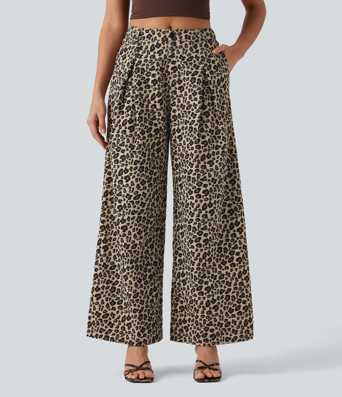 Pantalon large décontracté imprimé léopard taille mi-haute avec poches