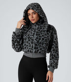 Veste sherpa imprimée léopard capuche amovible avec poches