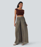 Pantalon décontracté à carreaux taille haute coupe ample avec poches latérales