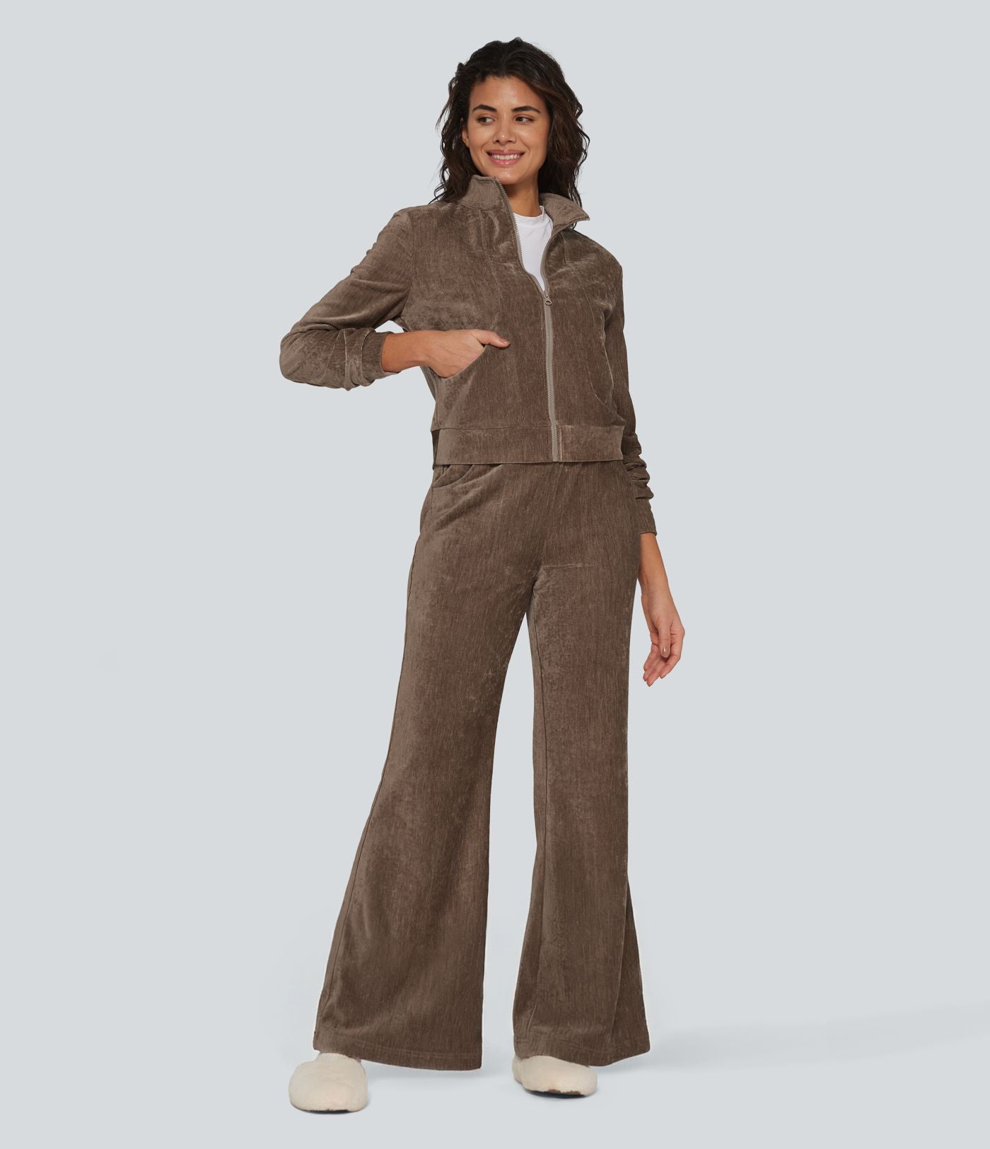 Veste d'intérieur en velours à manches longues avec poches