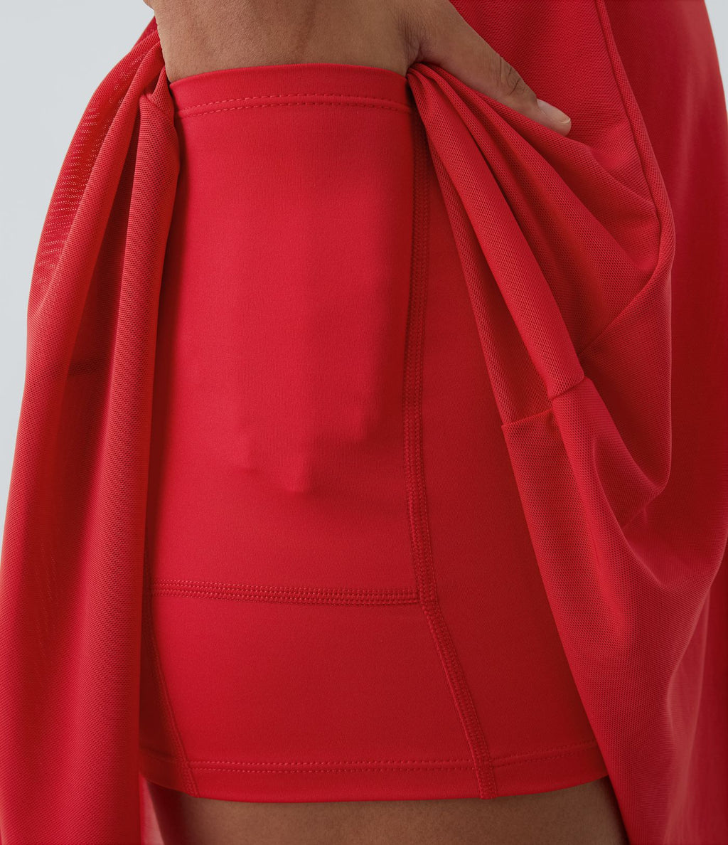 Robe de sport danse mini 2-en-1 laçage asymétrique résille contrastante fluide avec poche A-D