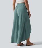 Pantalon large fluide décontracté taille haute aspect lin