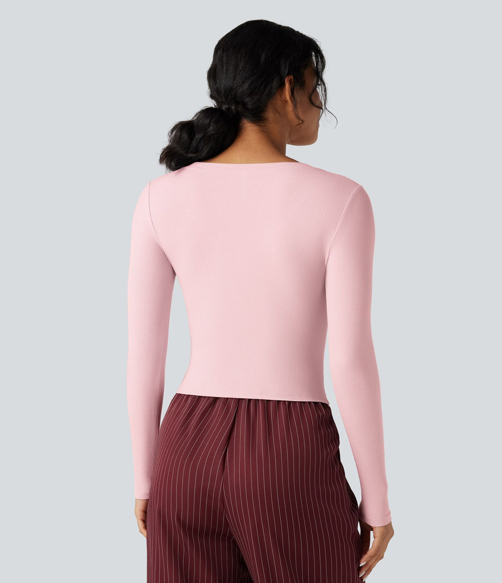 T-shirt tailleur côtelé court col V manches longues