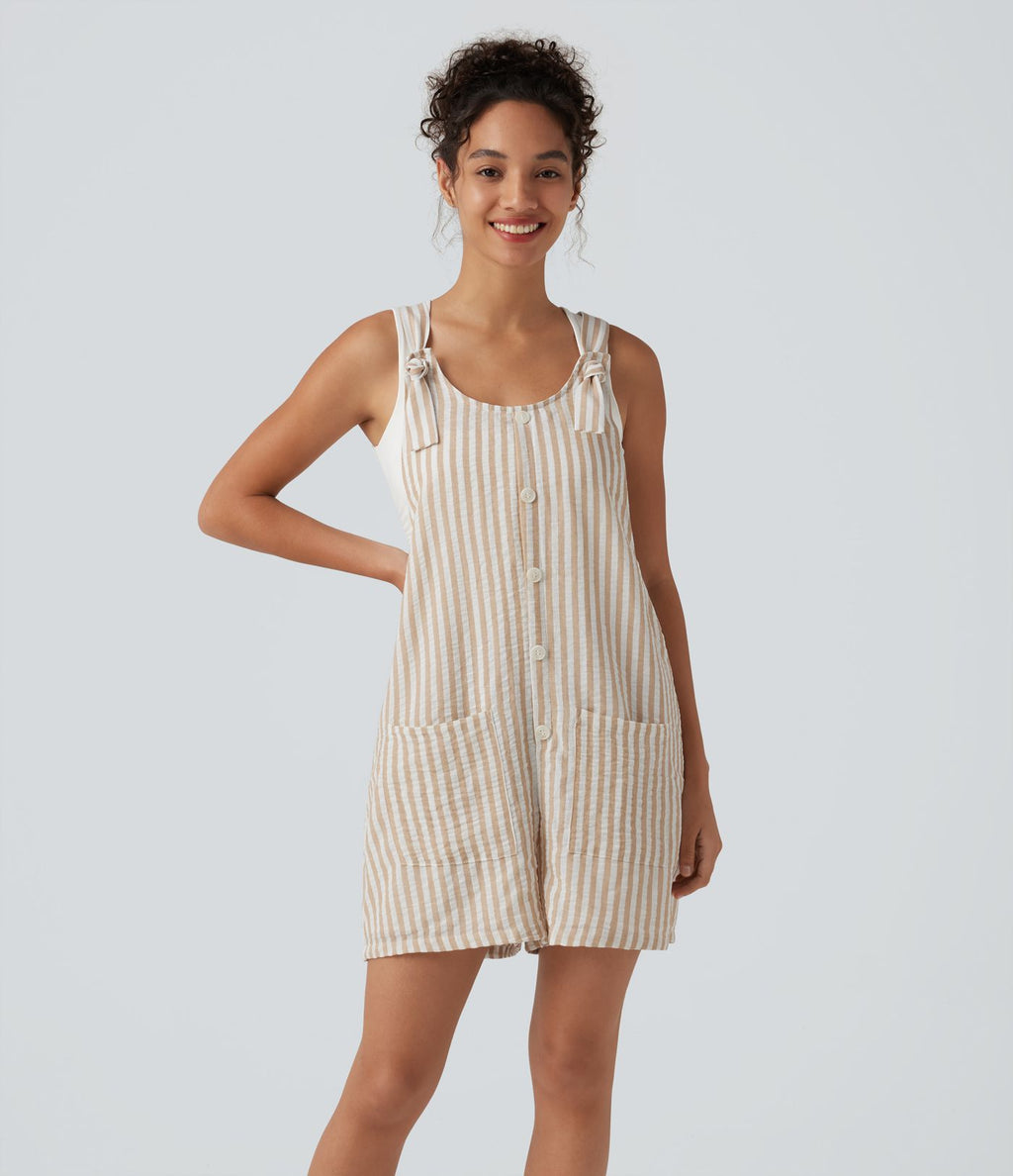 Salopette short casual rayée à toucher lin avec bretelles nouées et poches