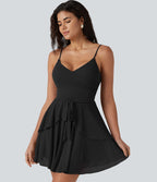 Robe nuisette mini demoiselle d'honneur et invitée de mariage avec brassière intégrée en mesh à col V noué et ourlet à volants