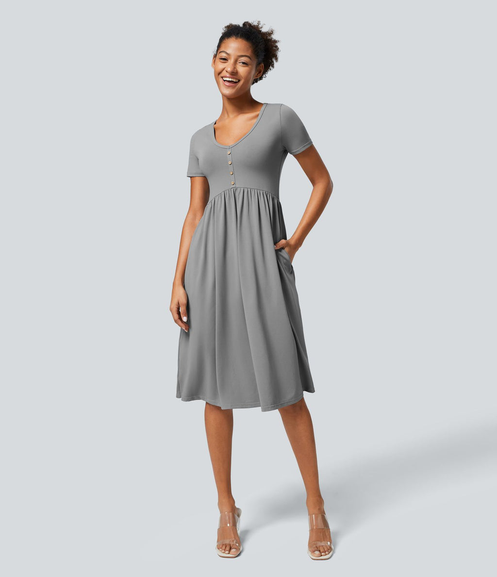 Robe Casual Midi Col en V Boutons Décoratifs Manches Courtes Poches Latérales et Plis