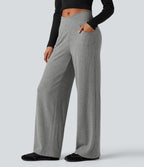 Pantalon droit décontracté côtelé croisé gainant taille haute avec poches