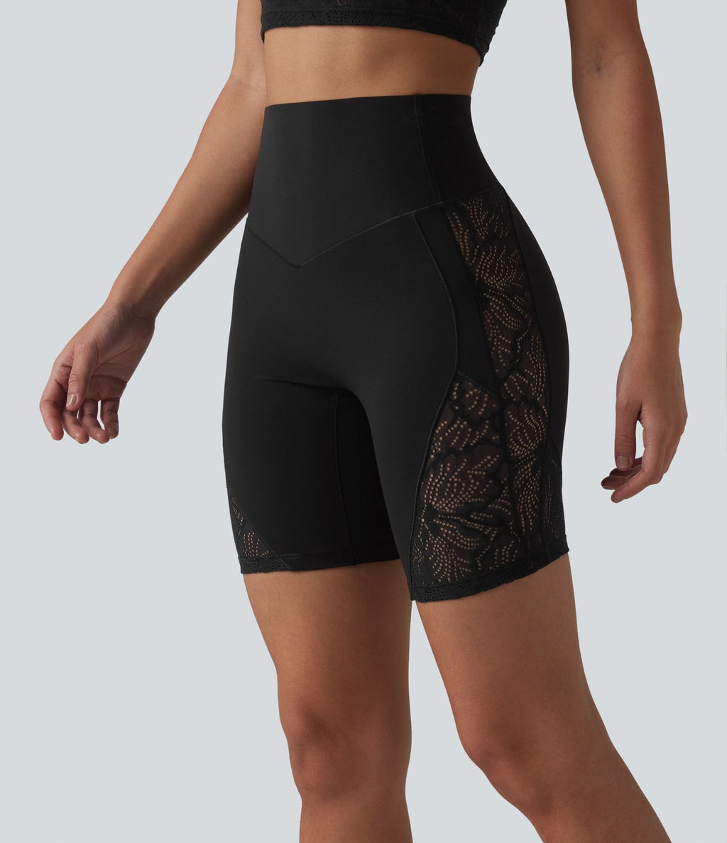 Short cycliste de yoga Halara UltraSculpt™ taille haute ventre plat en dentelle contrastée, 17,5 cm, avec poche