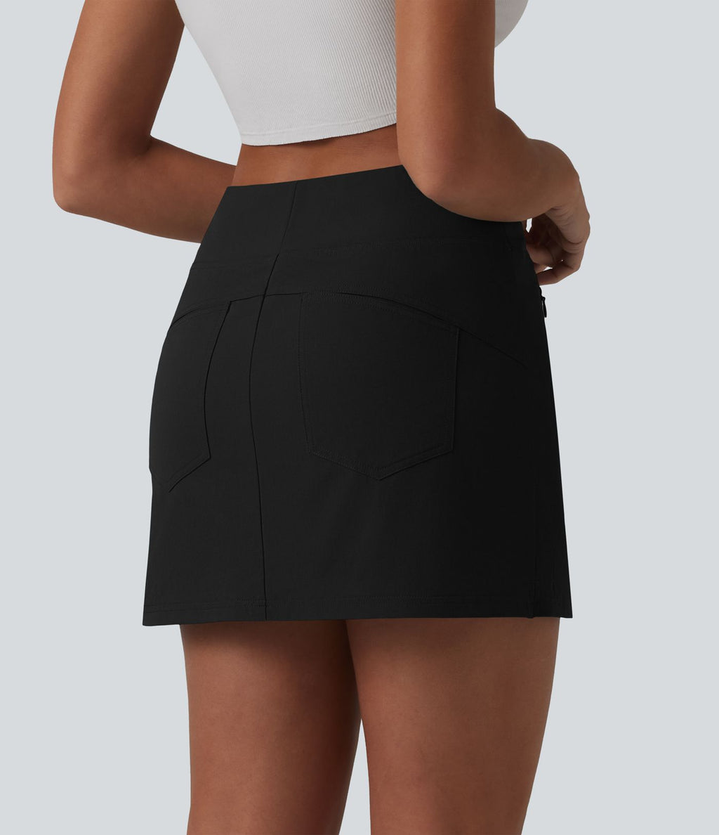 Jupe mini casual 2-en-1 trapèze taille haute en popeline extensible avec poches