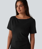 Halara Flex™ Robe casual mi-longue en jean col bateau à manches courtes, froncée avec fente