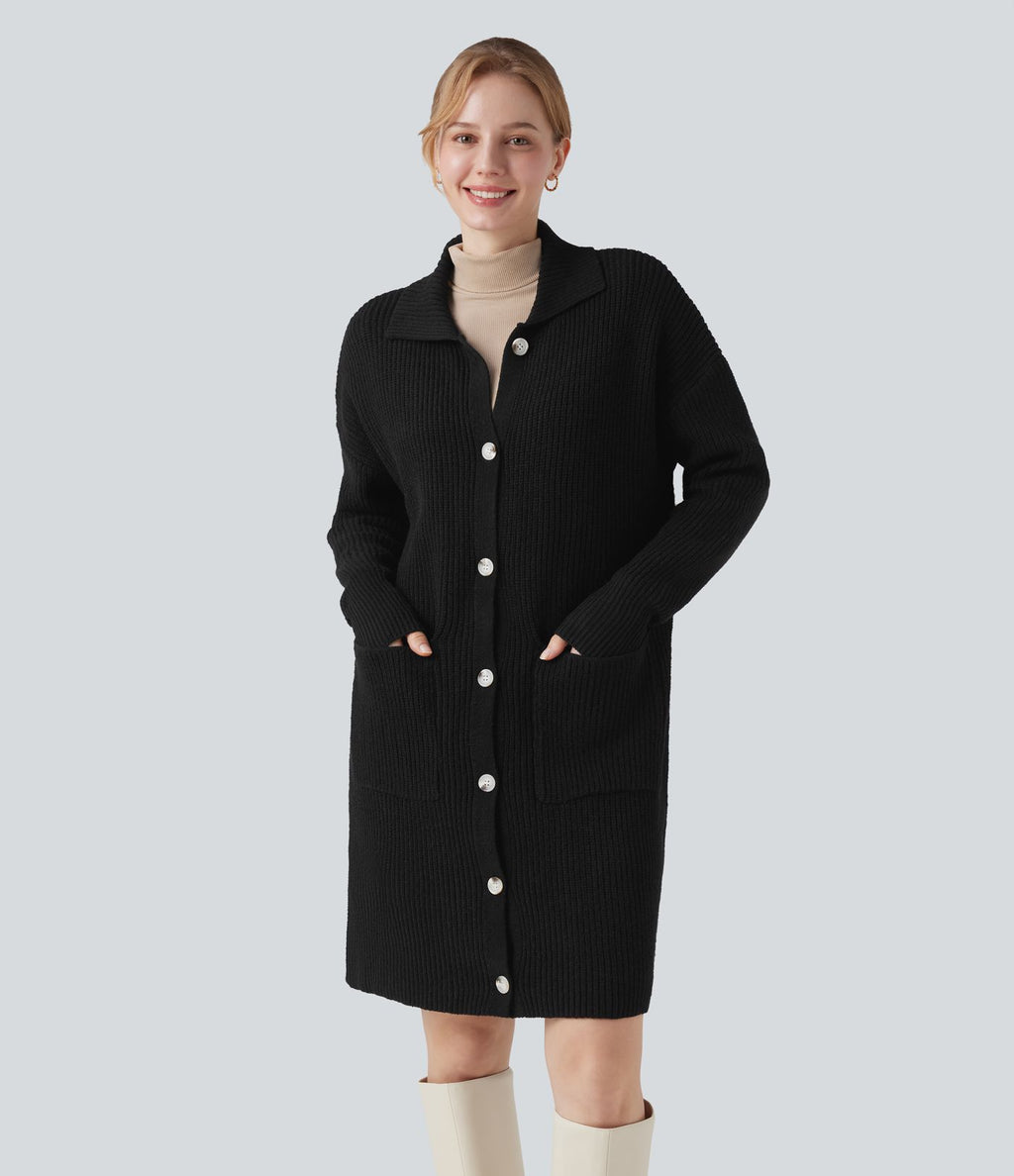 Gilet long casual col manches longues boutonné avec poches