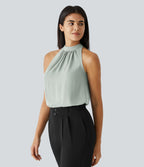 Blouse Travail Sans Manches Ourlet Courbé Col Haut Découpe au Dos Plis