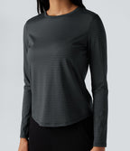 Top de sport yoga rayé ourlet arrondi col rond manches longues