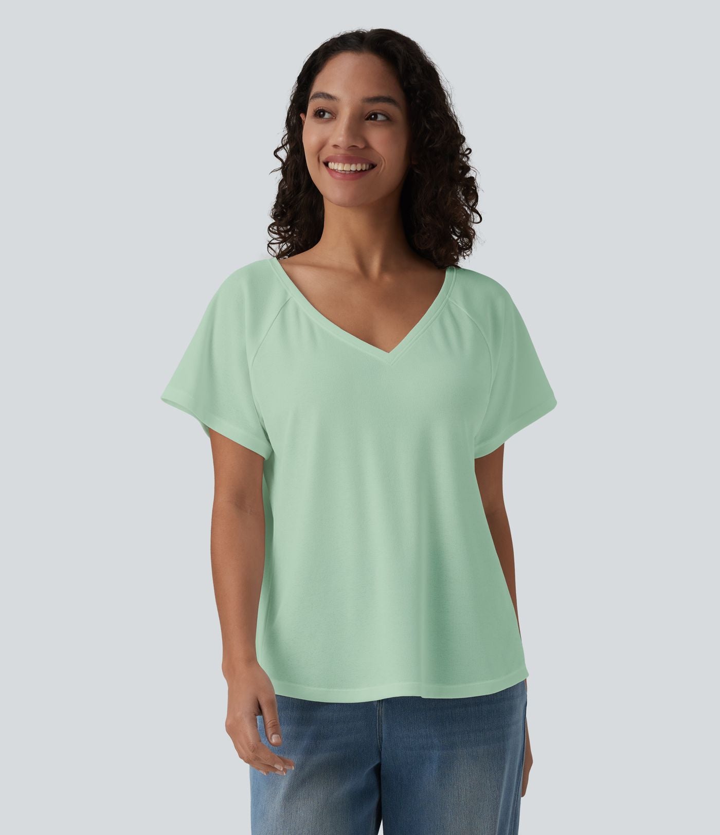 T-shirt casual col V manches raglan courtes coupe ample