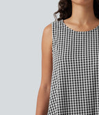 Robe débardeur midi décontractée en vichy froissé, col rond, sans manches, à poches