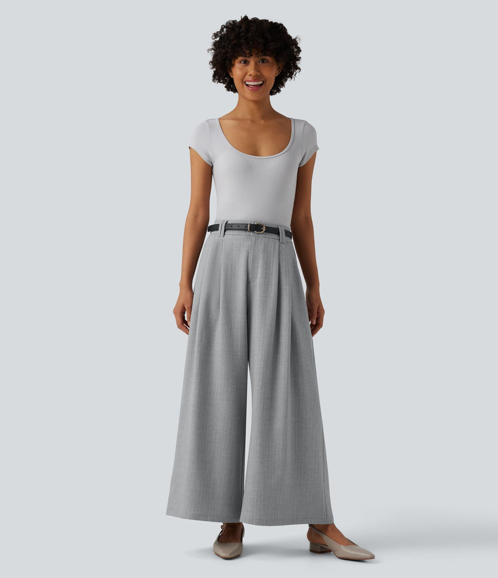 Pantalon tailleur 7/8 large plissé taille haute aspect lin avec poches