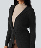 Cardigan long à capuche cordon de serrage manches longues