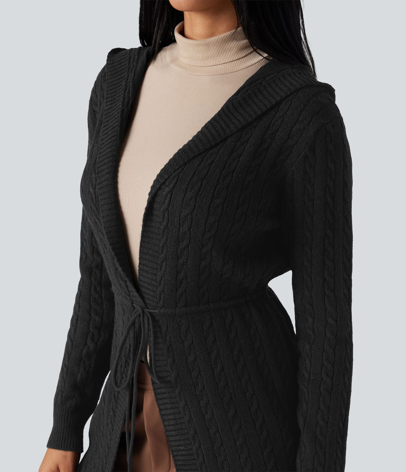 Cardigan long à capuche cordon de serrage manches longues