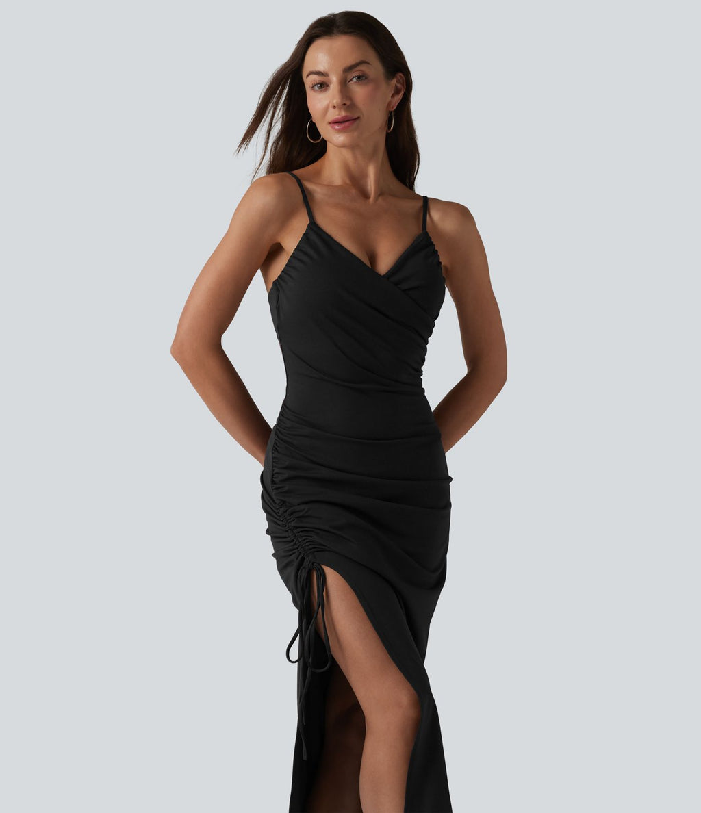 Robe midi moulante à col en V rembourrage non amovible et fronces à cordon