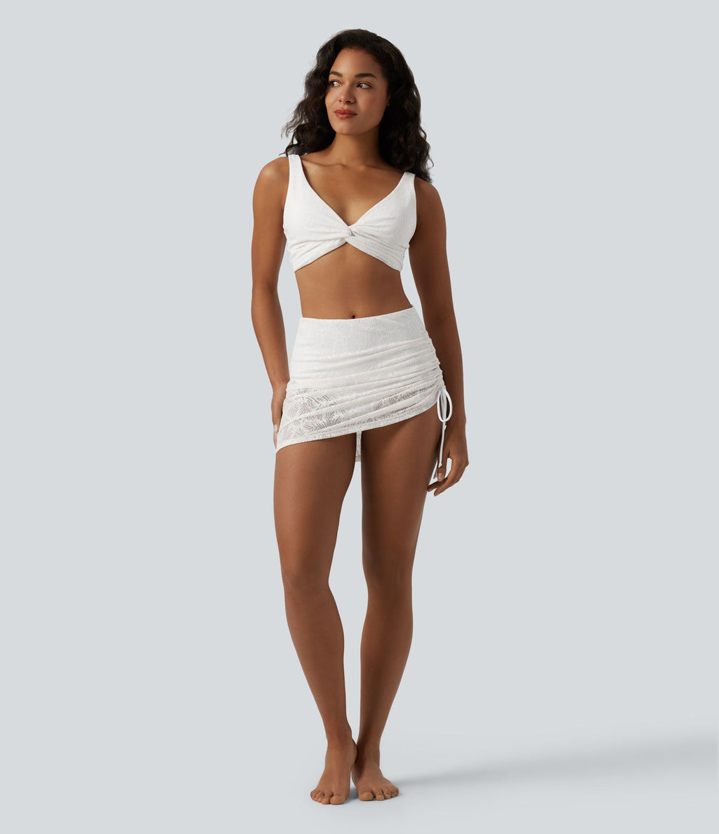 Ensemble Bikini 2-en-1 col V profond ventre plat avec détail torsadé, bretelles réglables, cordon de serrage et superposition en dentelle