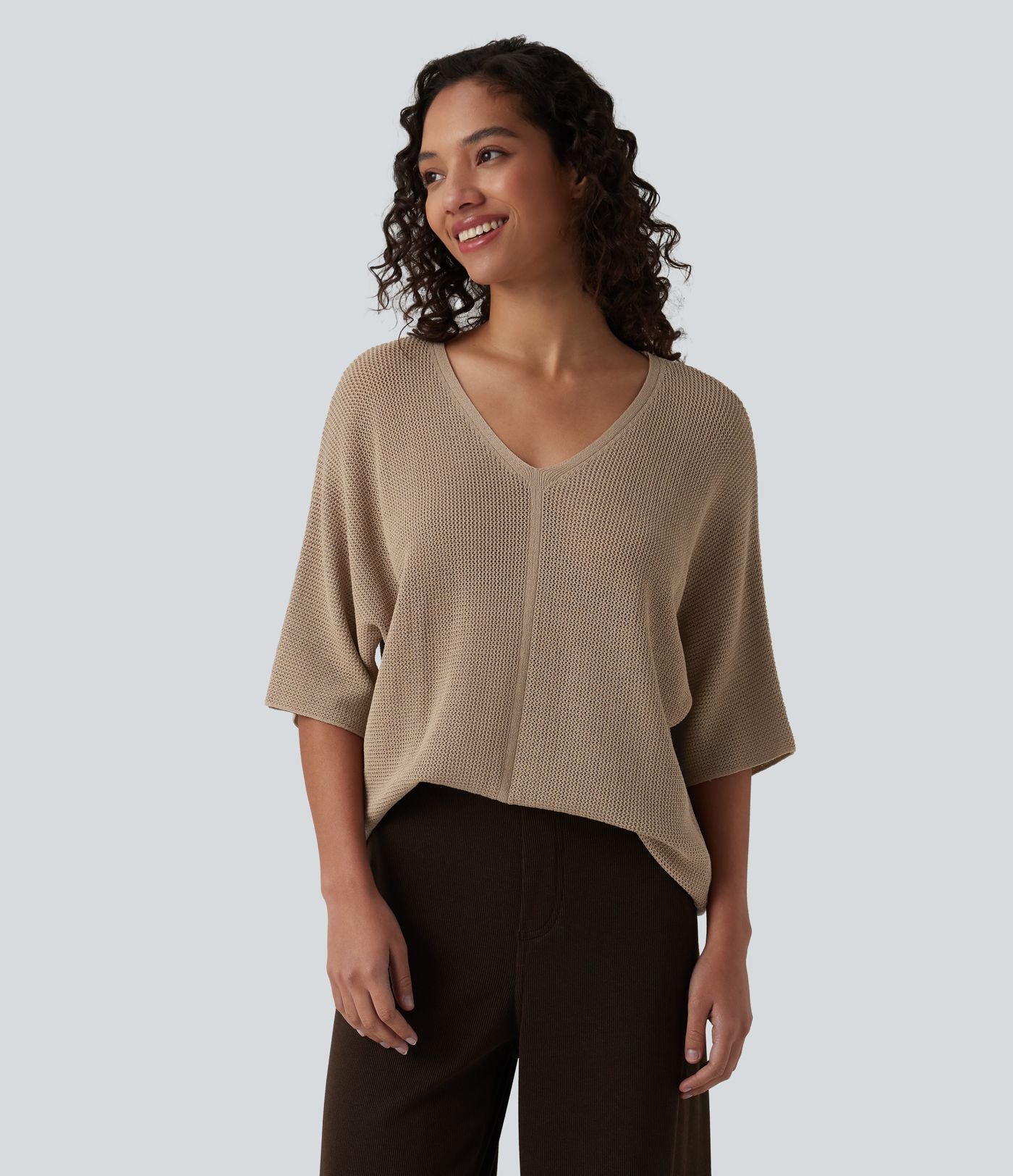 Pull décontracté col V à manches mi-longues