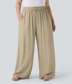 Pantalon décontracté grande taille large fluide taille haute effet lin avec cordon de serrage et poches