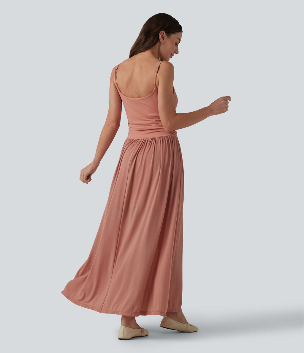 Robe nuisette longue décontractée fluide bretelles réglables froncée mesh contrasté soutien-gorge intégré
