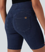 Short casual denim Halara Flex™ tricot extensible taille haute effet push-up froncé avec poches