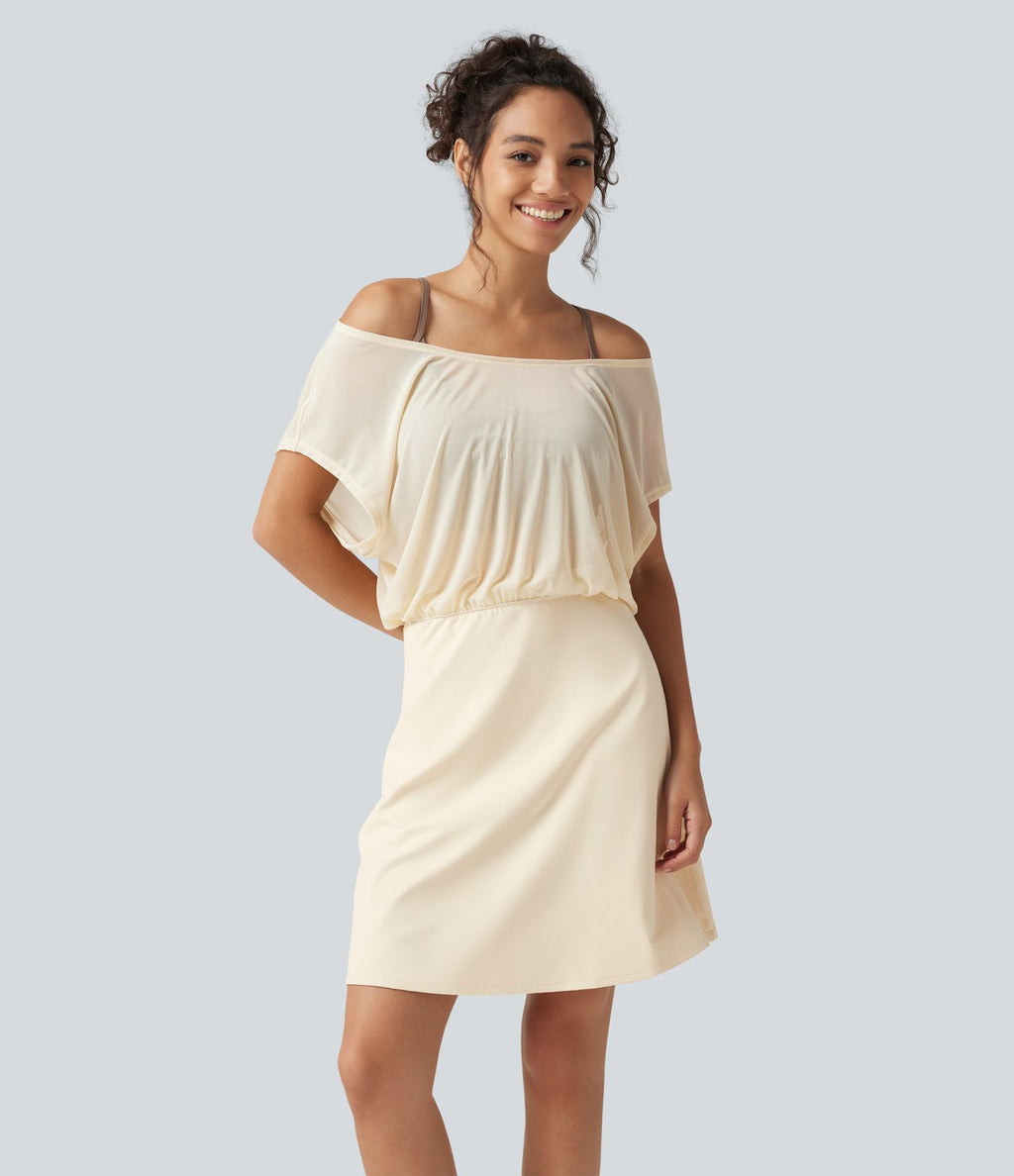 Robe-short mini SoftlyZero™ Plush pour le yoga à encolure bateau, manches courtes et poches - Easy Peasy