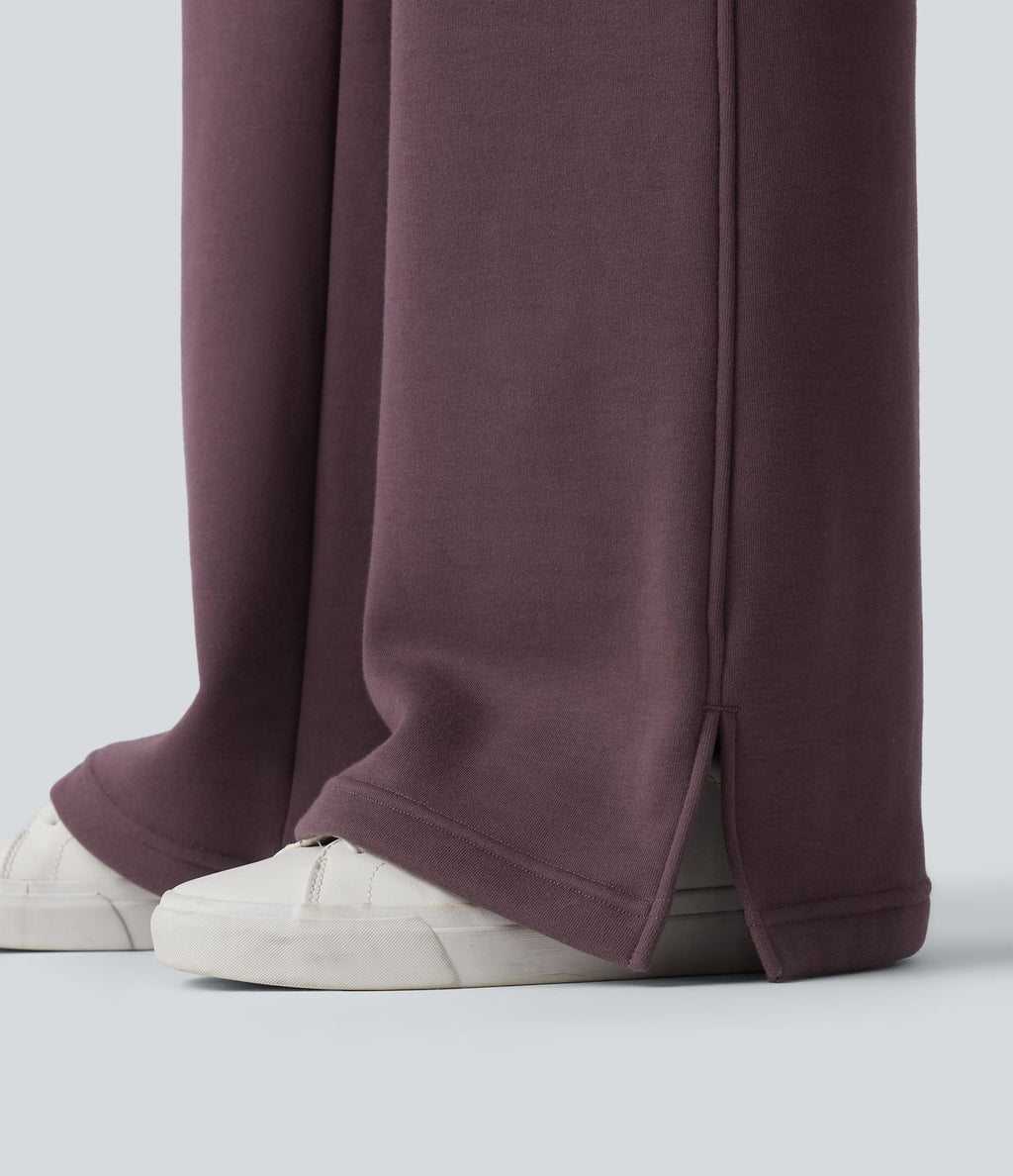 Pantalon jogging évasé molleton coton taille haute avec cordon de serrage, poches, empiècements contrastés et ourlet fend