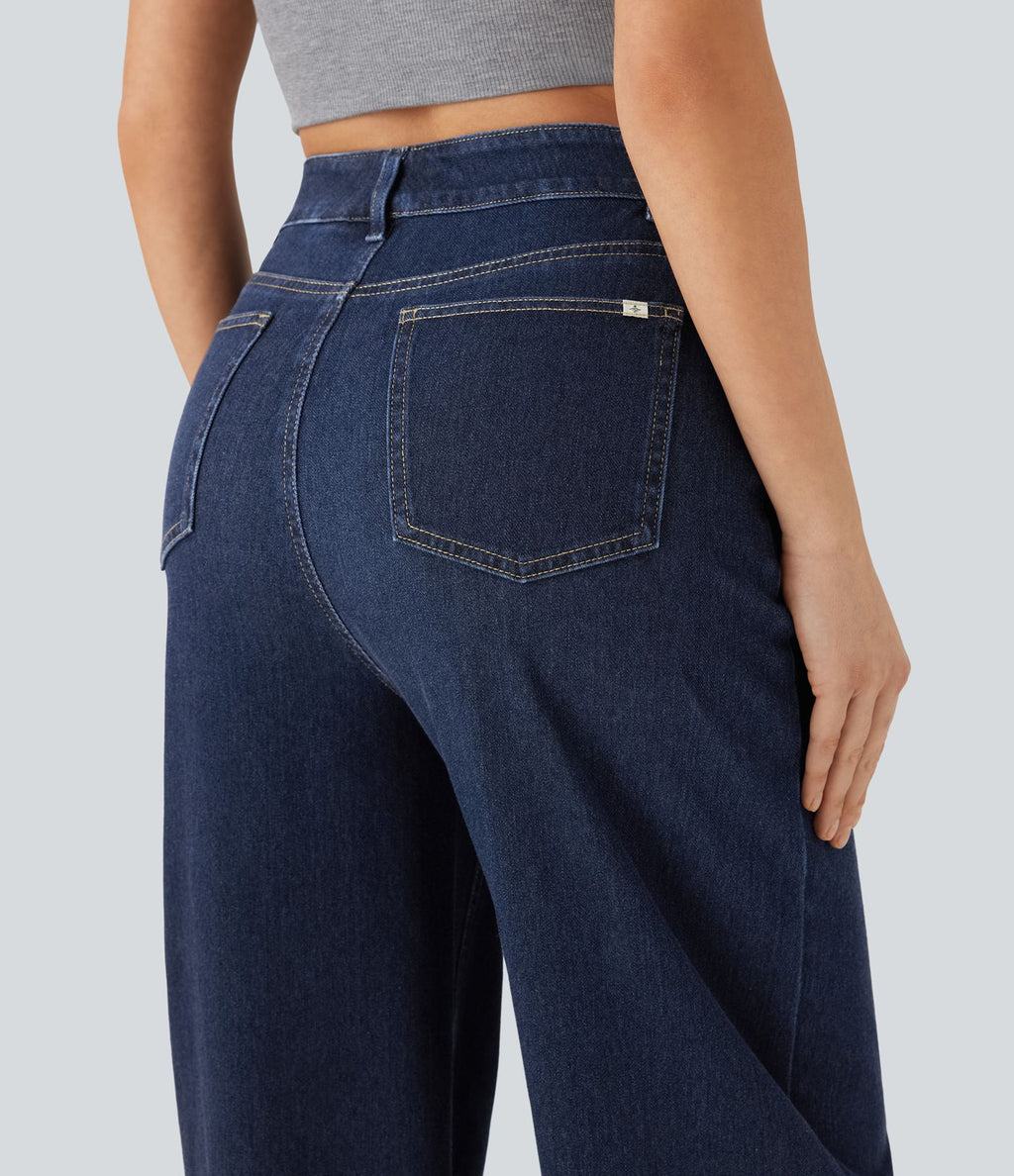 Jean ample délavé taille haute en maille extensible avec poches multiples