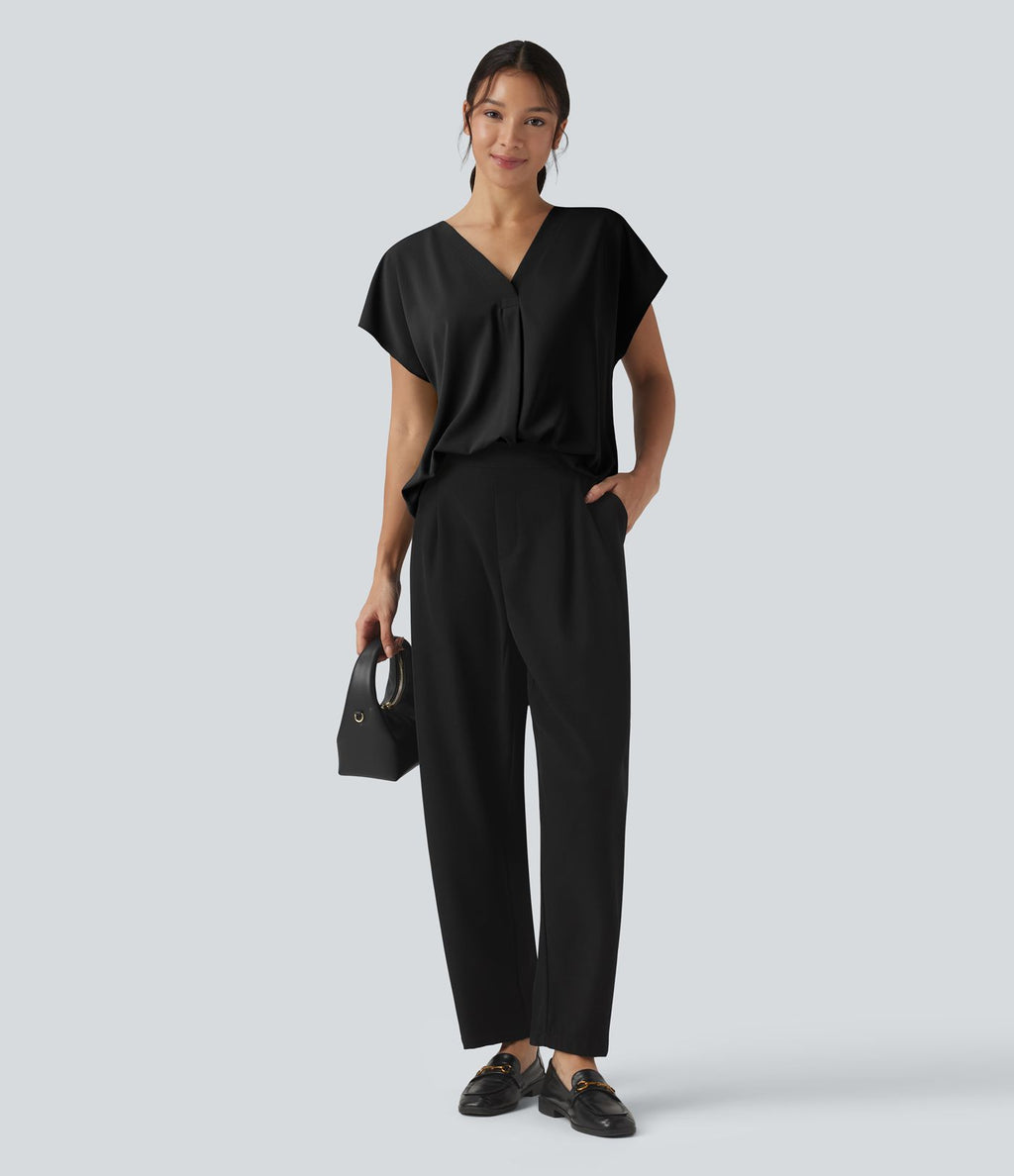 Blouse esprit bureau oversize défroissage facile, col V et manches courtes