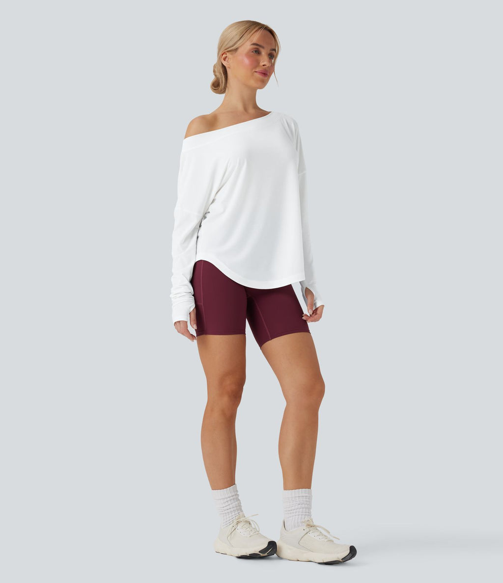 Top yoga sport séchage rapide une épaule manches longues trous pouces ourlet arrondi haut-bas