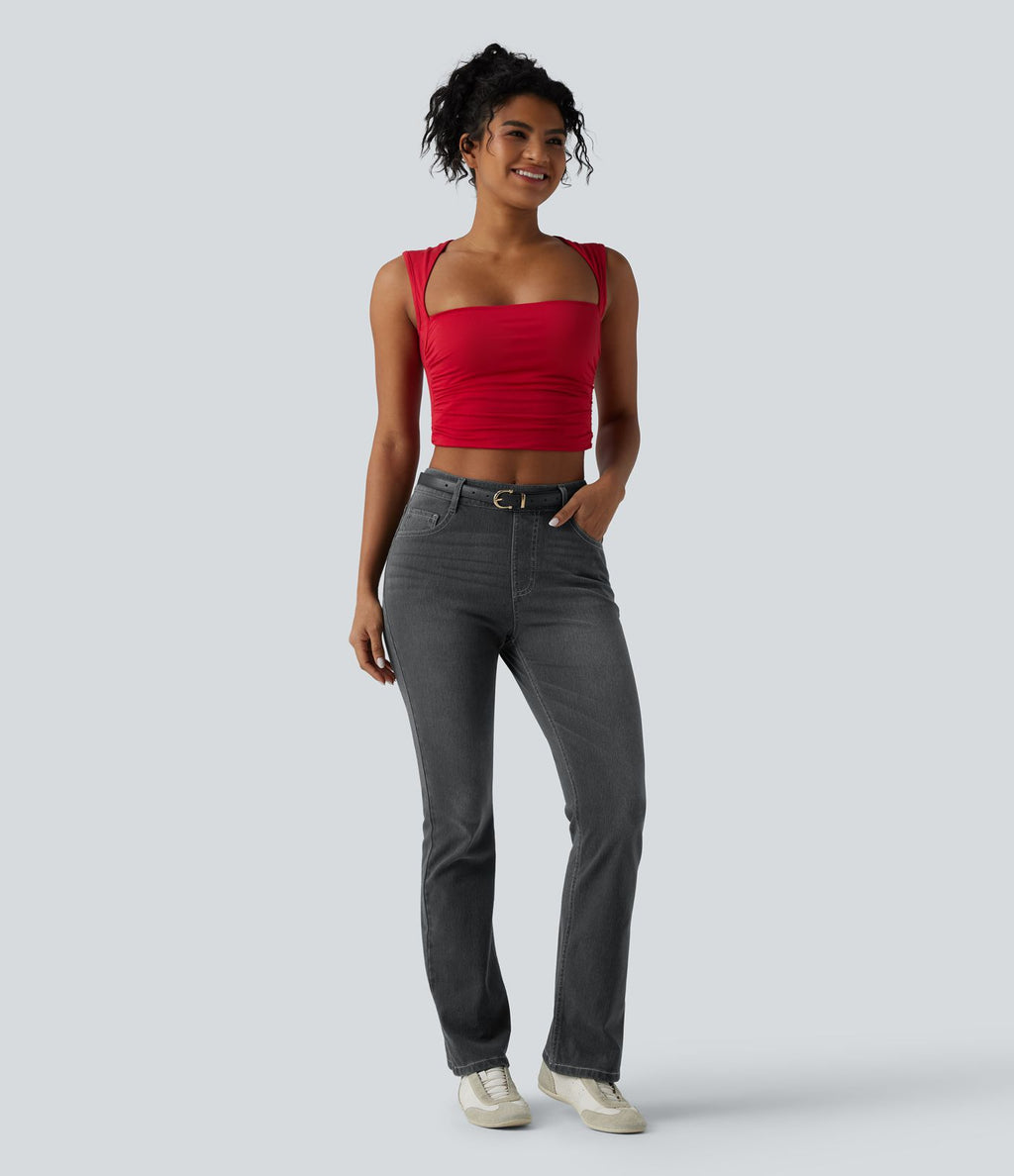 Halara Flex™ Jeans bootcut Casual Taille Haute Multiples Poches Lavés Élastiques et Tricotés Coupe