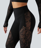 Pantalon de yoga évasé gainant taille haute avec dentelle contrastée et poche Halara UltraSculpt™
