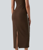 Robe nuisette casual midi côtelée color block à décolleté cœur avec coussinets intégrés non amovibles