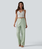 Pantalon droit décontracté en coton et lin taille haute avec poches