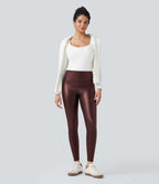 Pantalon 7/8 moulant décontracté polaire gainant taille haute extensible effet cuir avec poches