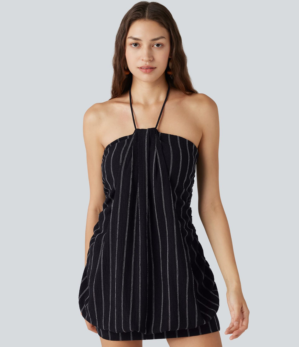 Robe micro-mini moulante à rayures col dos nu avec soutien-gorge intégré et dos à nouer