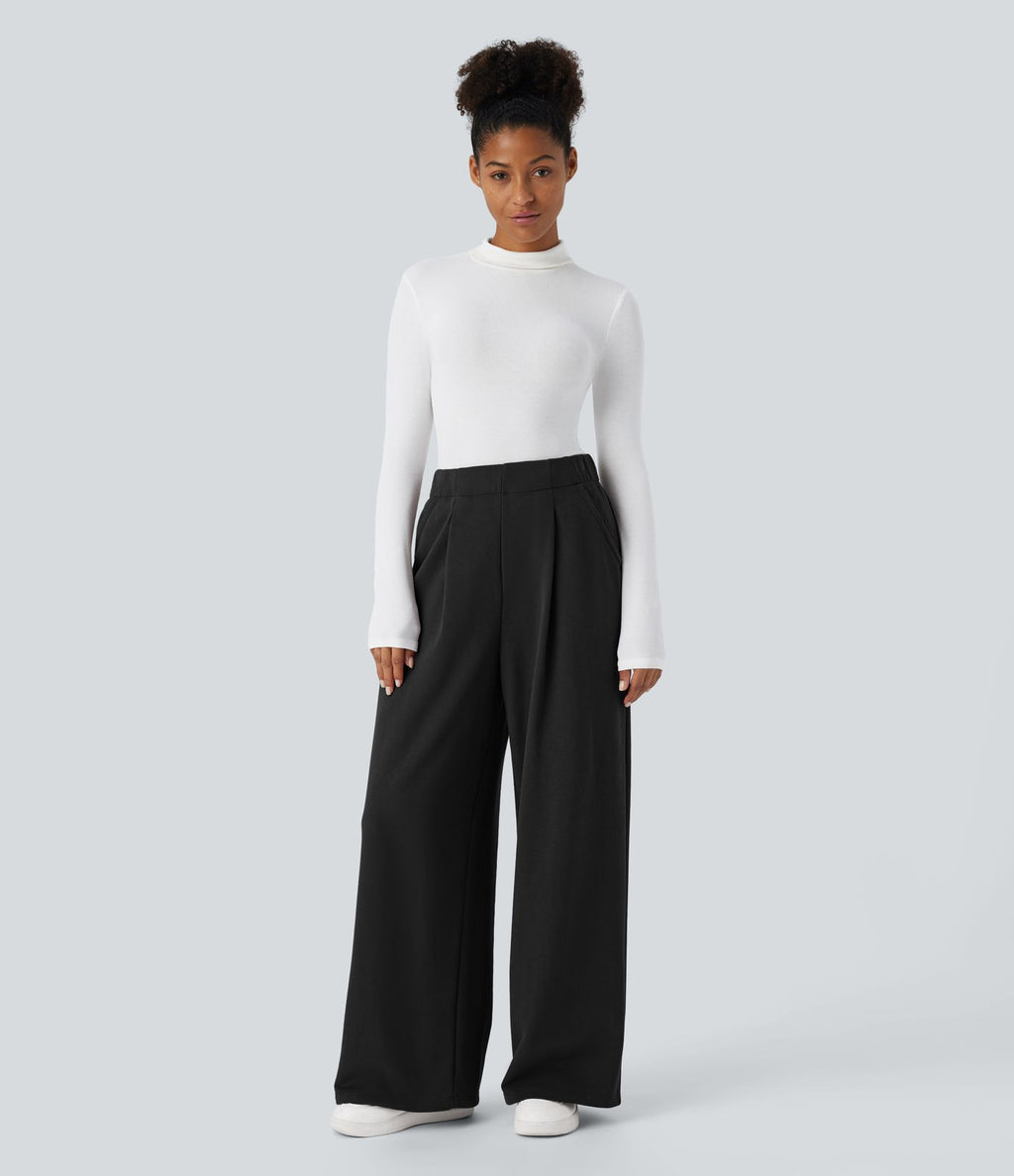Pantalon Jogging Thermique Taille Haut Jambes Larges Poche Latérale Plissée en Fleece