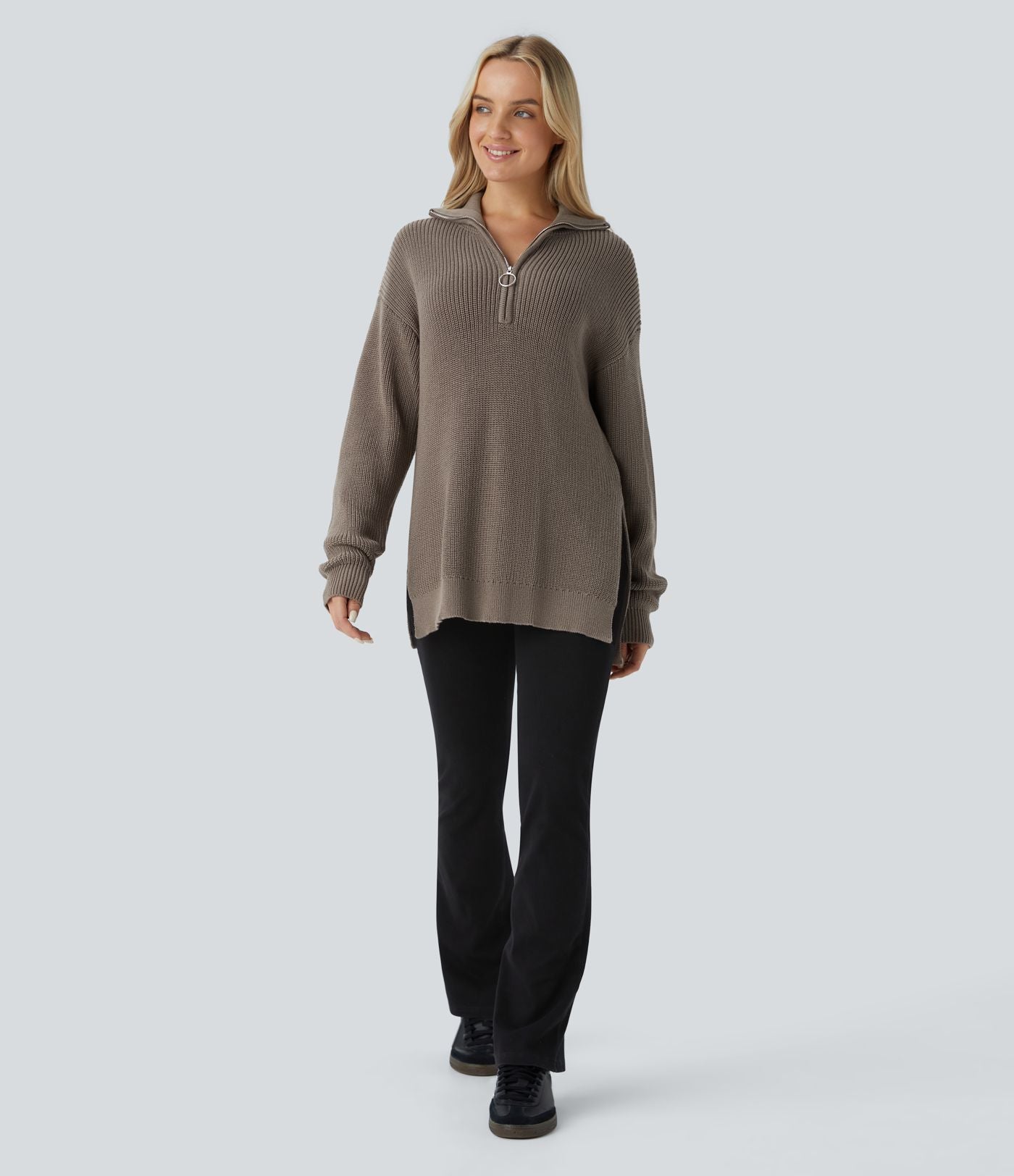 Pull décontracté à col montant, demi-fermeture éclair, manches longues et fente