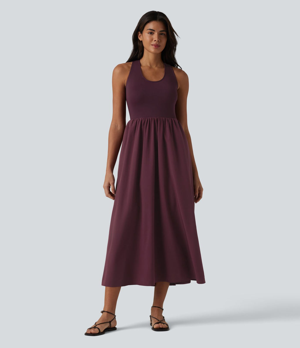 Robe casual mi-longue col U dos nu à bretelles croisées avec poches