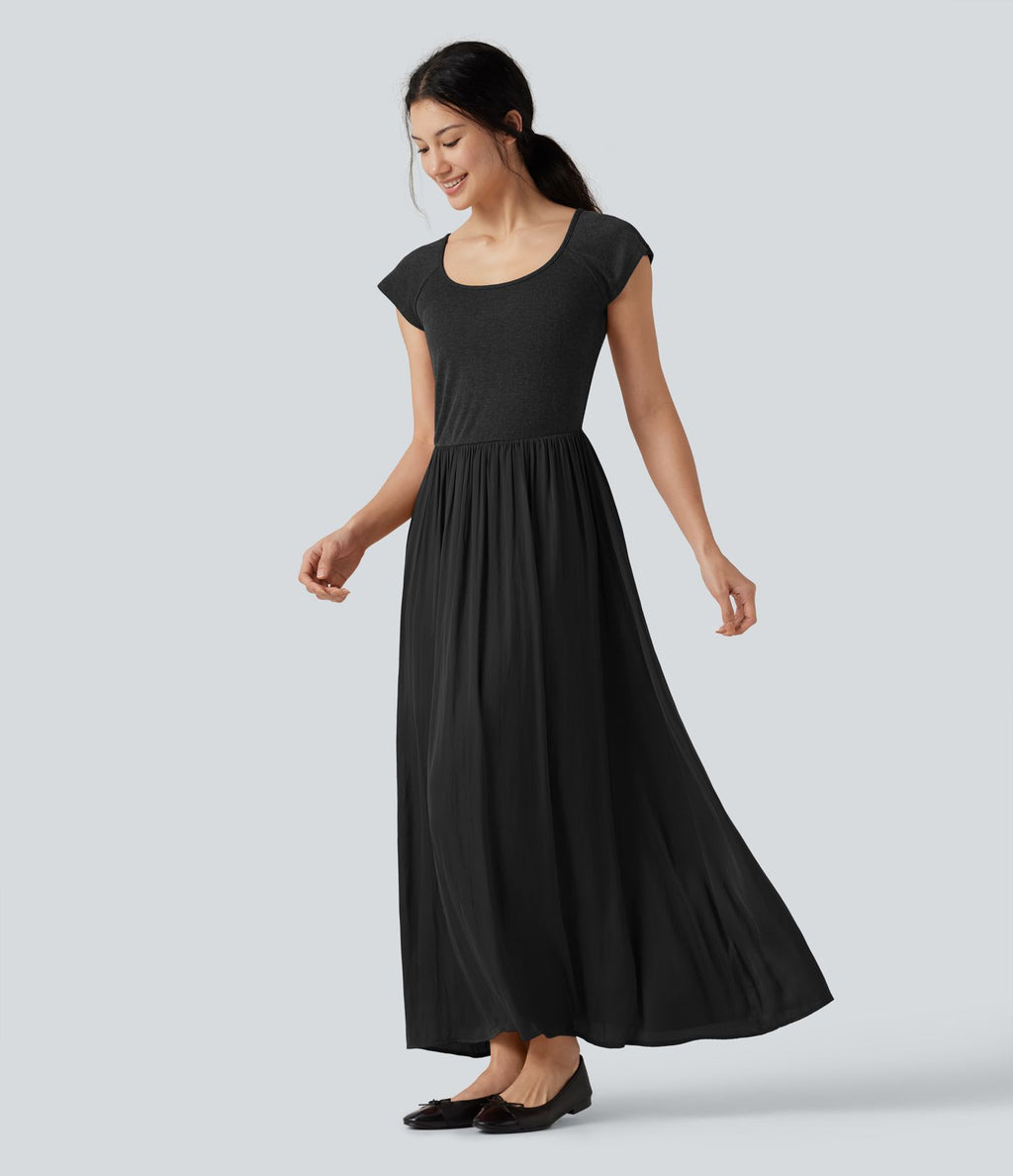 Robe maxi casual fluide col U manches courtes
