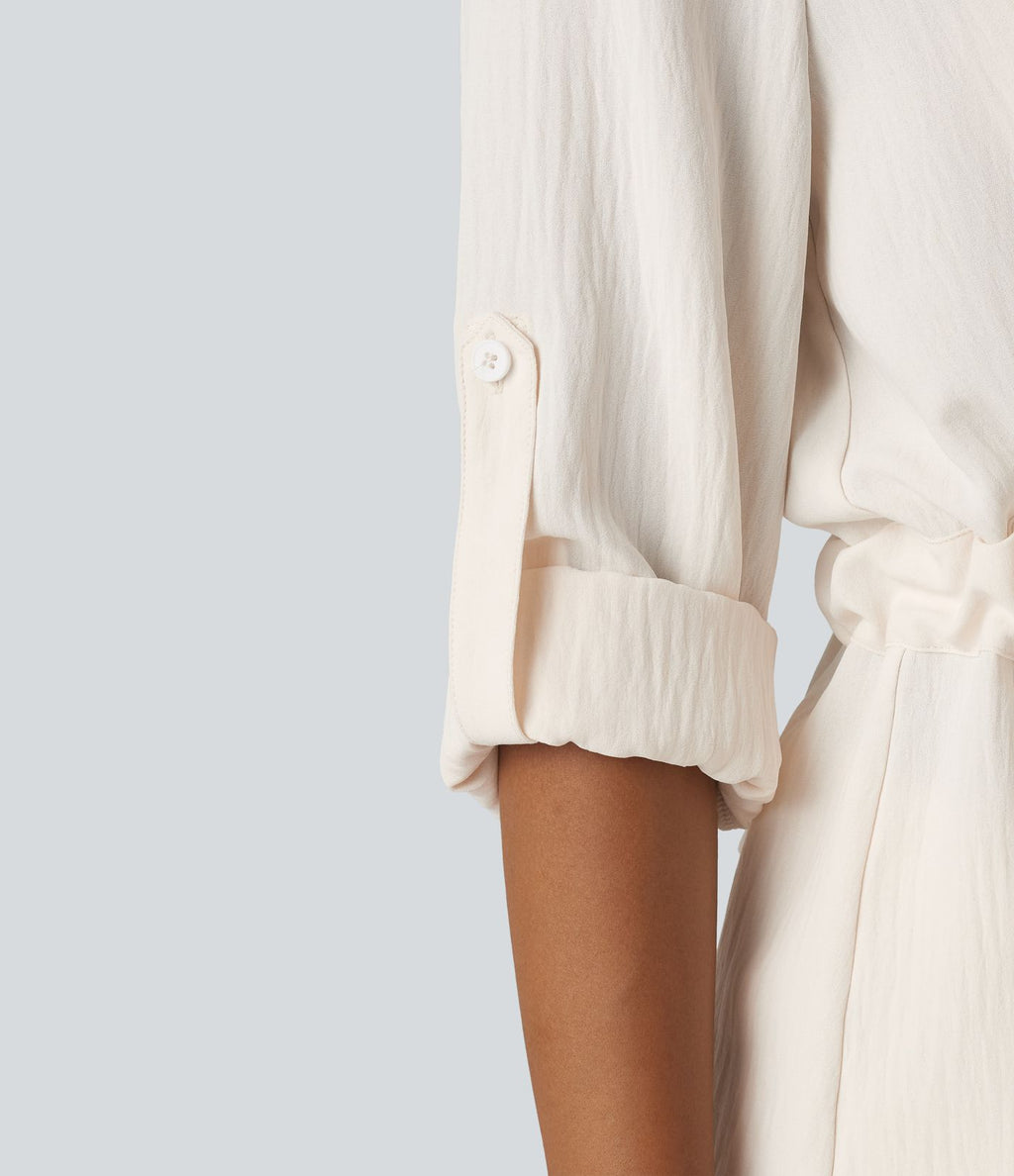 Chemise effet lin esprit bureau à revers, manches retroussées et lien à nouer