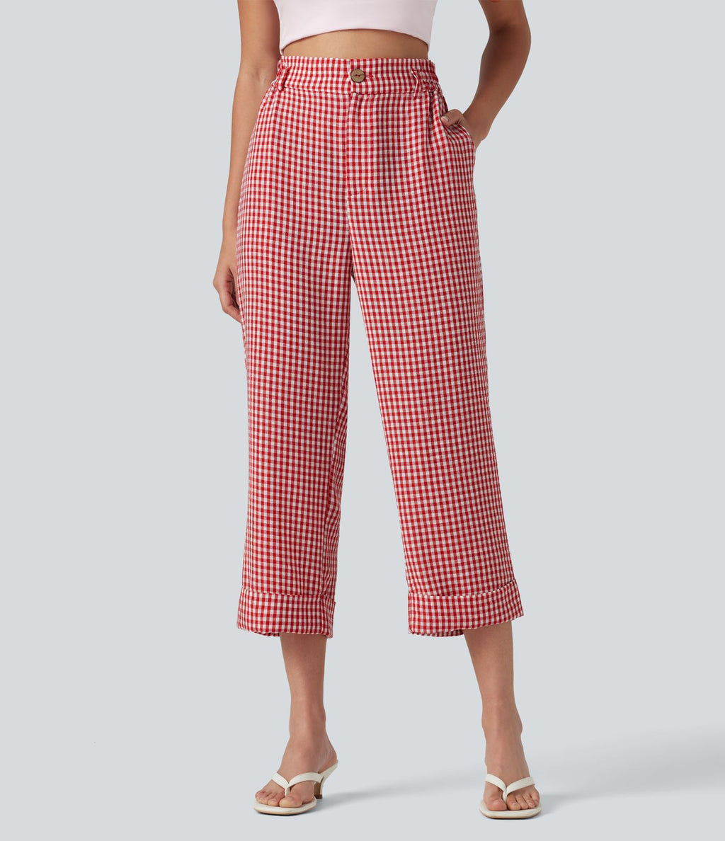 Pantalon 7/8 décontracté aspect lin à carreaux taille haute avec poches