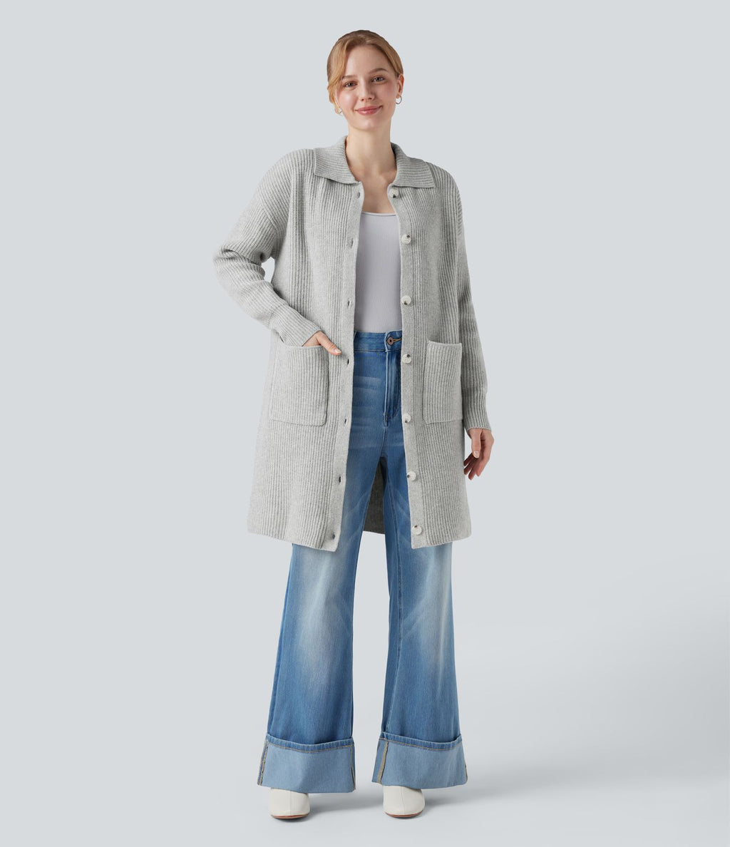 Gilet long casual col manches longues boutonné avec poches