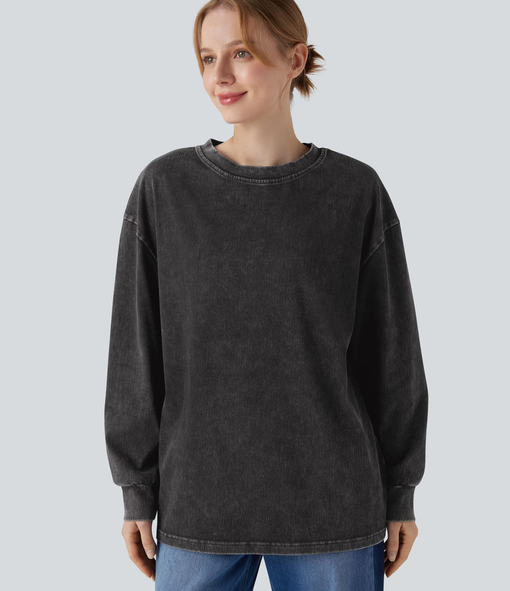 Halara Flex™ T-shirt casual délavé en denim à col rond et manches longues