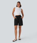 Short décontracté effet lin taille haute avec cordon de serrage et poches latérales