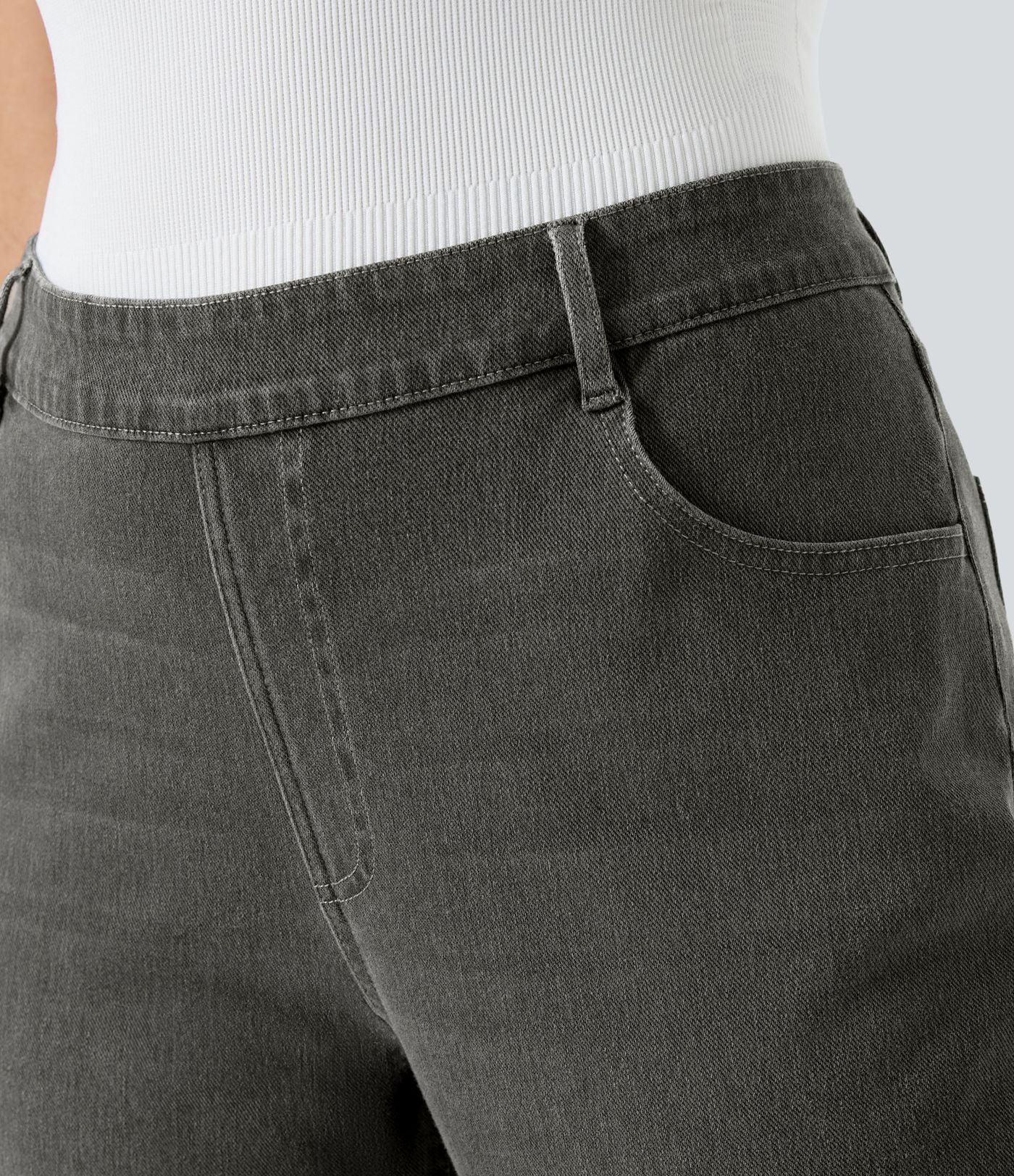 Jean décontracté Halara Flex™ grande taille, taille haute, multiples poches, jambes droites, effet délavé, en maille extensible