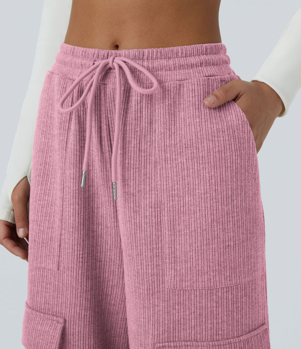 Pantalon cargo décontracté large à cordon côtelé, taille mi-haute, avec poches